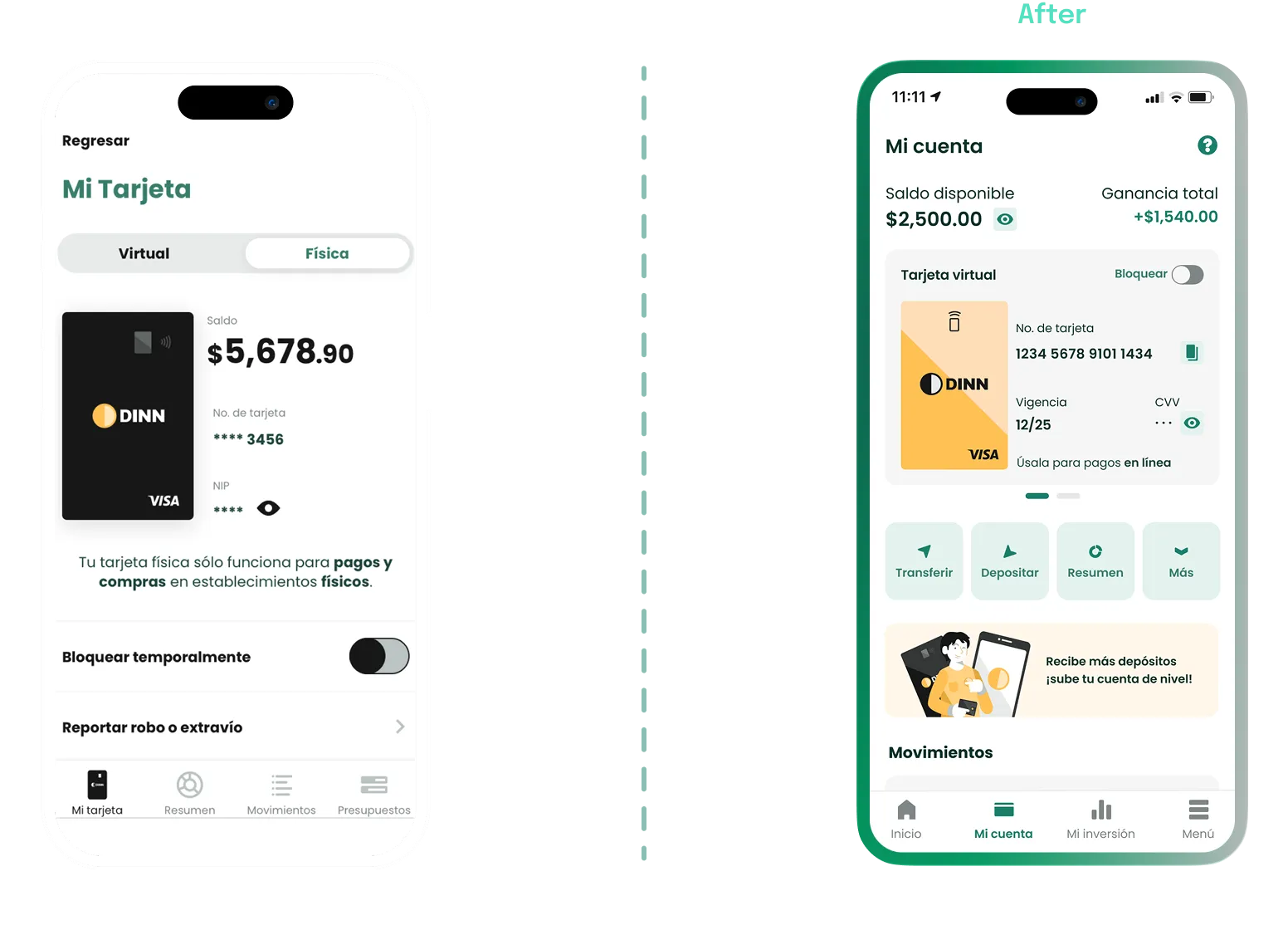 Vista unificada de cuenta de débito y tarjeta
